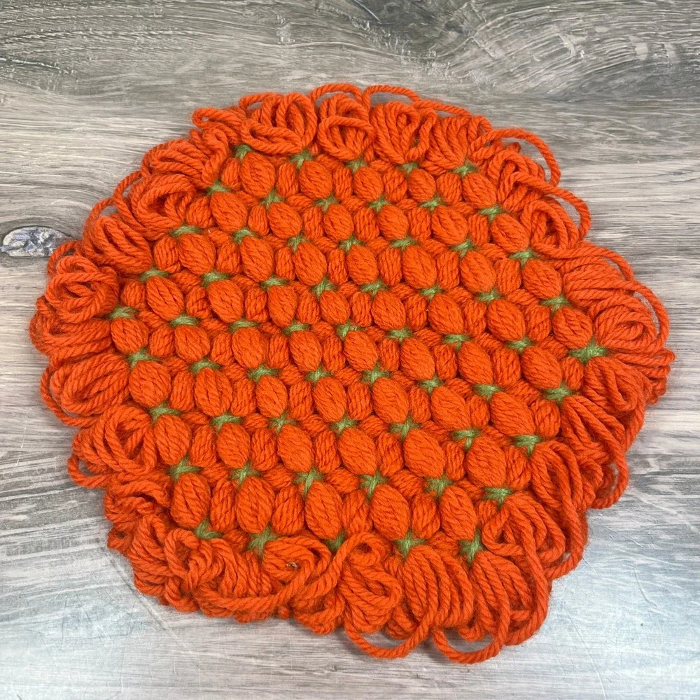 Handmade Loom Knit Yarn Trivets Set of 3 Orange Brown Retro Hot Pads 8 in